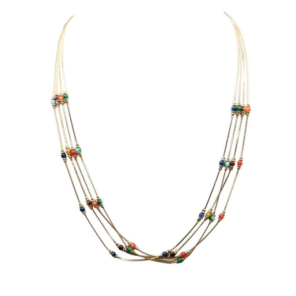 UNSIGNED Goldtone Multicolor Pearlized Beaded 4 Strand Station Necklace